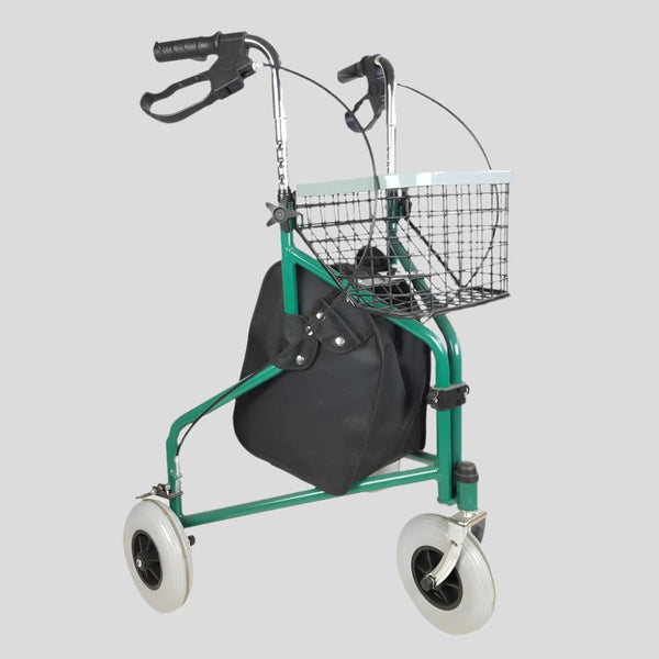 Andador para ancianos | Plegable | Freno en manetas | 3 ruedas | Cesta | Verde | Caleta | Mobiclinic