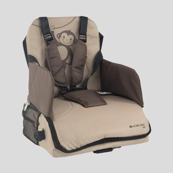 Trona de viaje con almacenaje| Para bebés | Plegable | Con bolsillo y asa | Hasta 15 kg | Beige | Monkey | Mobiclinic