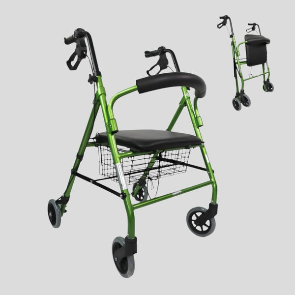 Andador | Plegable | Aluminio | Frenos en manetas | Asiento y respaldo | 4 ruedas | Verde | Escorial | Mobiclinic