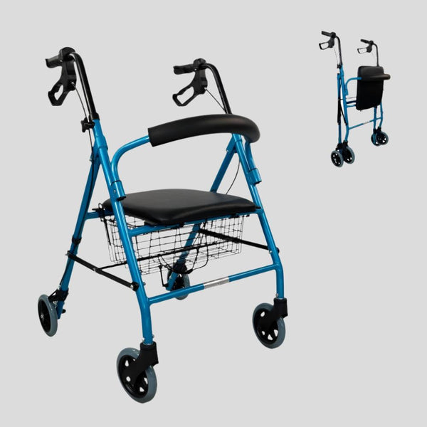 Andador | Plegable | Aluminio | Frenos en manetas | Asiento y respaldo | 4 ruedas | Azul | Escorial | Mobiclinic