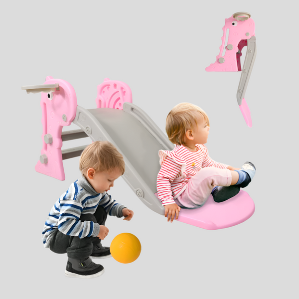 Tobogán infantil | Plegable | Cesta y pelota | Bordes redondos | Peldaños antideslizantes | Máx.35 kg | Rosa | Dino| Mobiclinic