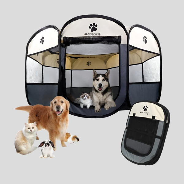 Parque plegable para perros | 101 x 101 x 60cm | 8 ventanas | 2 accesos | Seguro | Cordón elástico | Gris | Scooby | Mobiclinic