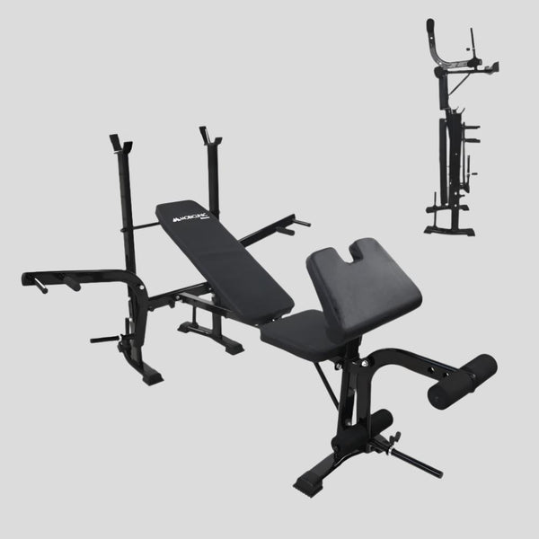 Banco Multifuncional pesas |Mod PRESSFIT | Musculación| Plegable | Ajustable | Soporte para barras | 148x180x110.5cm | 250kg | |Mobiclinic