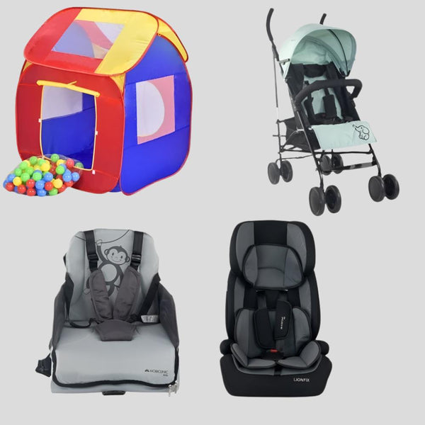 Pack Kids Viaje y Juego | Tienda de campaña infantil | Silla de paseos bebé | Trona de viaje | Silla de coche bebé | Mobiclinic